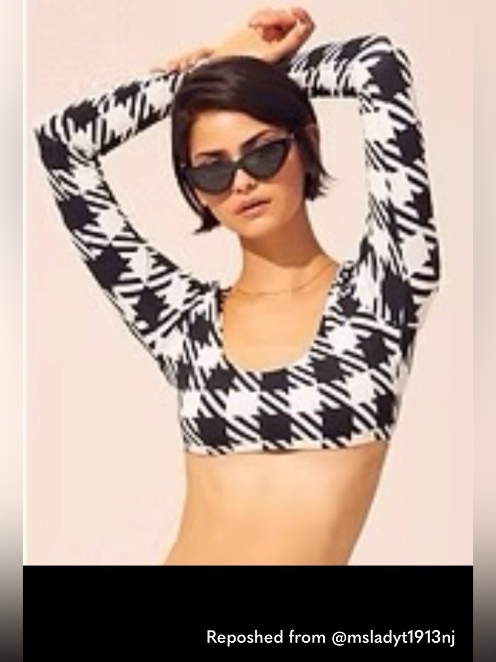 SOLID & STRIPED Black and White Houndstooth Long Sleeve Bikini Womens size LARGE